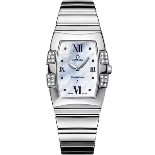 Silver watch with a white face and Omega branding on a white background 1586.70.00