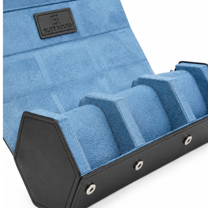 Elite Hours Premium 4-Slot Watch Roll – Blue Suede Edition