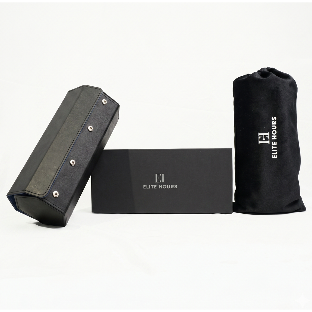 Elite Hours Premium 4-Slot Watch Roll – Blue Suede Edition