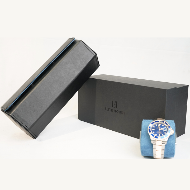 Elite Hours Premium 4-Slot Watch Roll – Blue Suede Edition