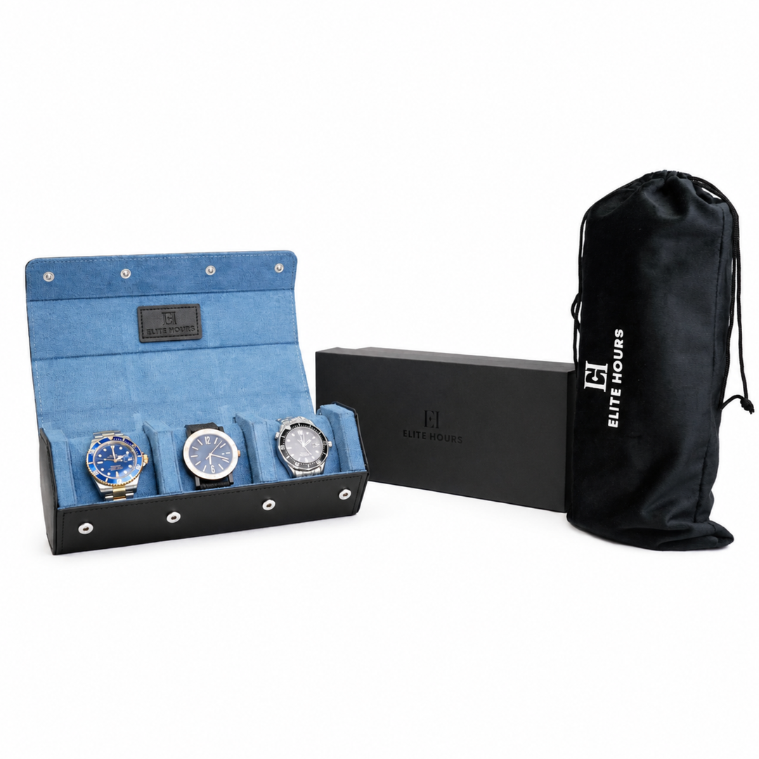 Elite Hours Premium 4-Slot Watch Roll – Blue Suede Edition