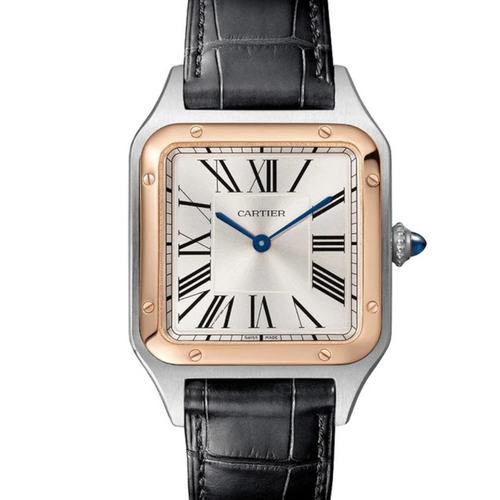 Cartier watch with black leather strap and rose gold case on white background