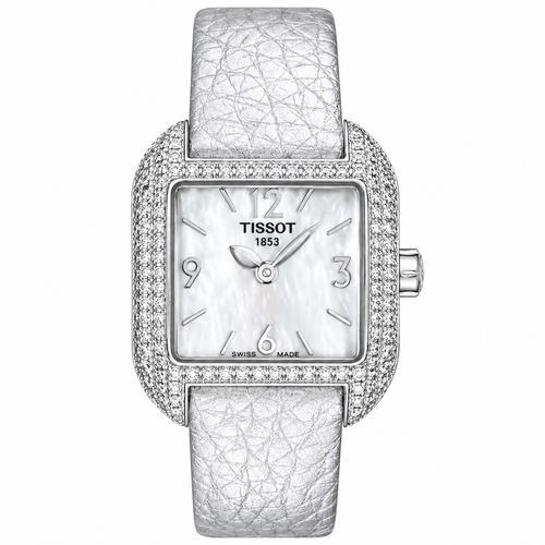 Silver Tissot watch with a textured strap on a white background