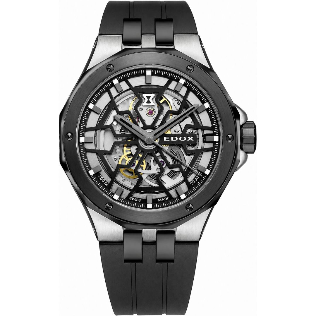 Pre-owned Edox Delfin Mecano 85303-357GN-NGN skeleton automatic watch with black rubber strap, Swiss movement and 200m water resistance.