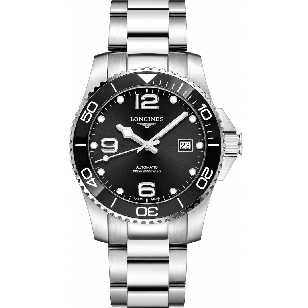 Luxury pre-owned Longines HydroConquest L3.781.4.56.6 automatic watch with black dial, stainless steel bracelet, rotating bezel, date display, and 300m water resistance. Swiss-made diver watch in excellent condition.