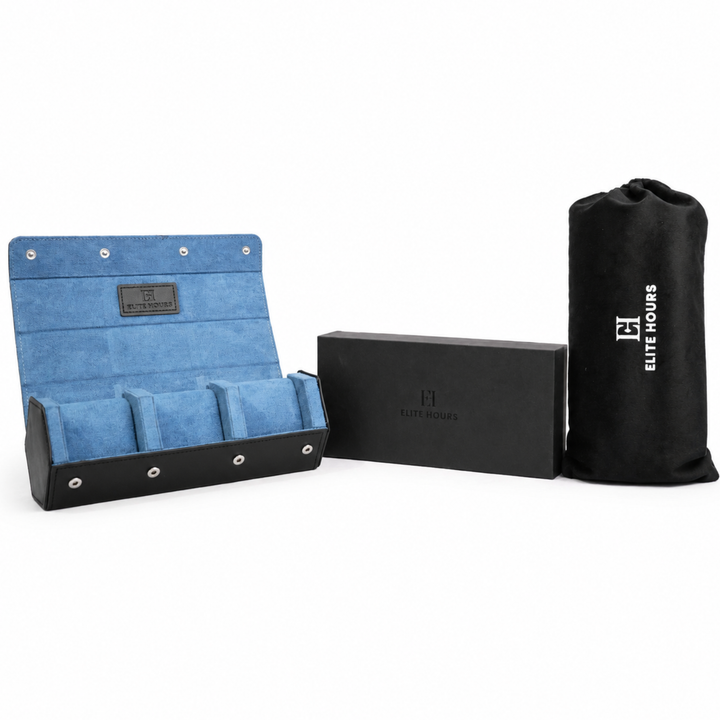 Elite Hours Premium 4-Slot Watch Roll – Blue Suede Edition
