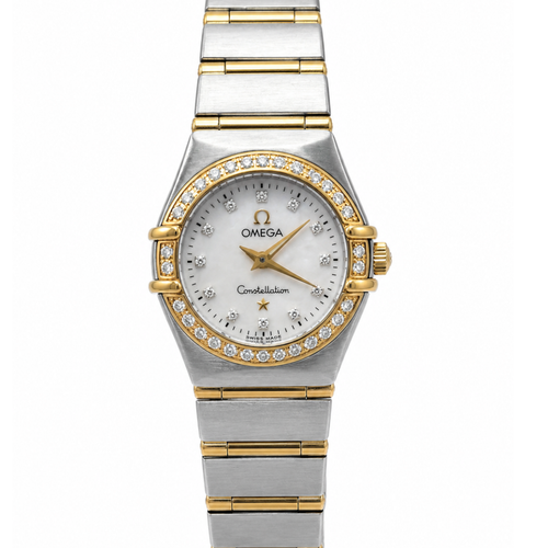 Two-tone Omega watch with diamond-studded face on a white background