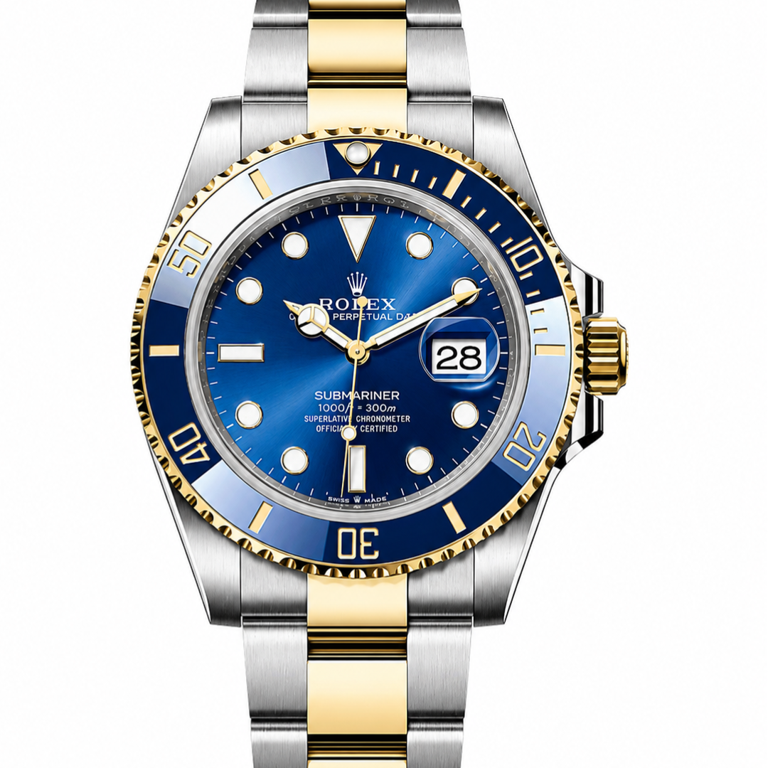 Luxury watch with blue dial and two-tone metal band on a white 16613LB background