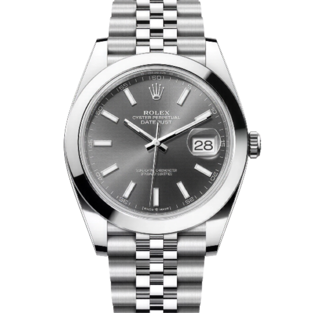 Silver Rolex watch with a dark face on a white background