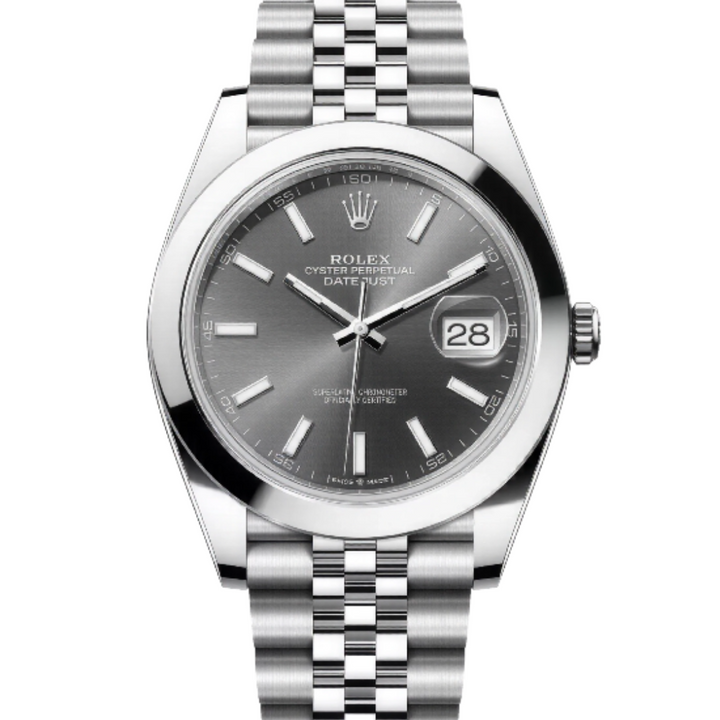 Silver Rolex watch with a dark face on a white background