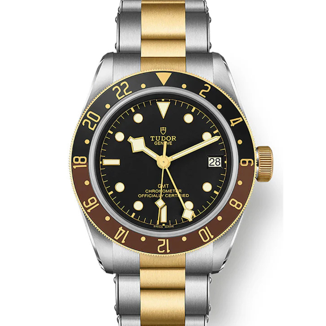 Tudor watch with two-tone metal strap on a white background