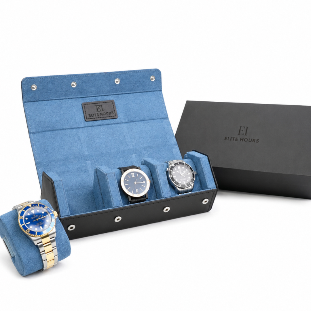 Elite Hours Premium 4-Slot Watch Roll – Blue Suede Edition