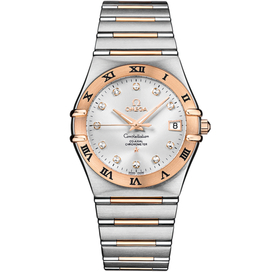 Luxury watch with two-tone rose gold and silver bracelet on a white background