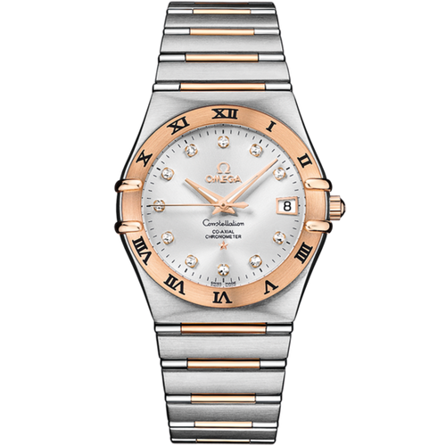 Luxury watch with two-tone rose gold and silver bracelet on a white background